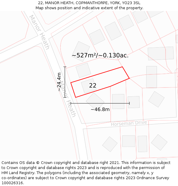 22, MANOR HEATH, COPMANTHORPE, YORK, YO23 3SL: Plot and title map