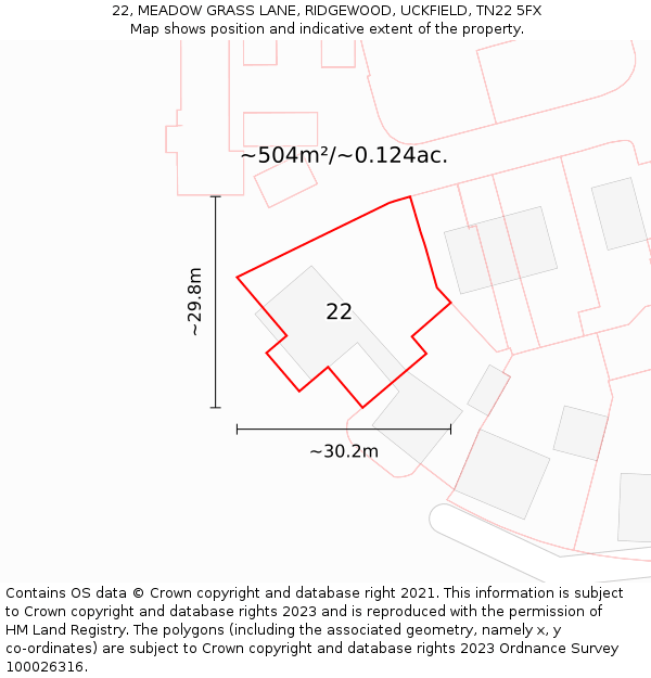 22, MEADOW GRASS LANE, RIDGEWOOD, UCKFIELD, TN22 5FX: Plot and title map