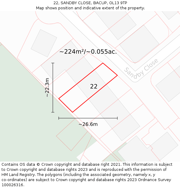 22, SANDBY CLOSE, BACUP, OL13 9TP: Plot and title map