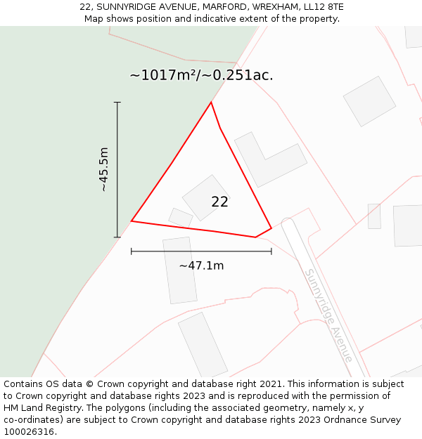 22, SUNNYRIDGE AVENUE, MARFORD, WREXHAM, LL12 8TE: Plot and title map