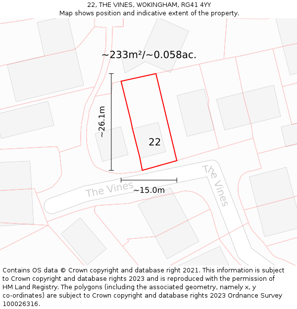 22, THE VINES, WOKINGHAM, RG41 4YY: Plot and title map