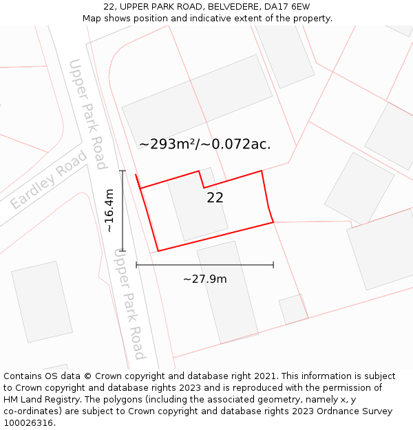 22, UPPER PARK ROAD, BELVEDERE, DA17 6EW: Plot and title map