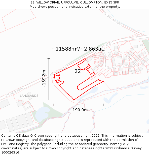 22, WILLOW DRIVE, UFFCULME, CULLOMPTON, EX15 3FR: Plot and title map