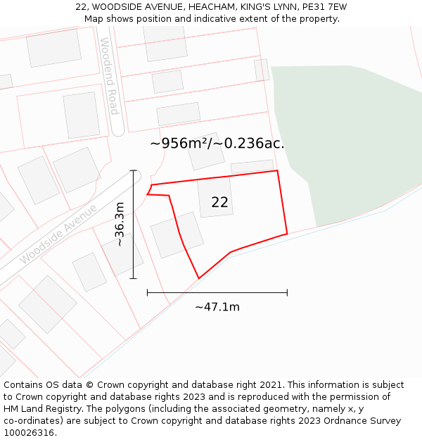 22, WOODSIDE AVENUE, HEACHAM, KING'S LYNN, PE31 7EW: Plot and title map