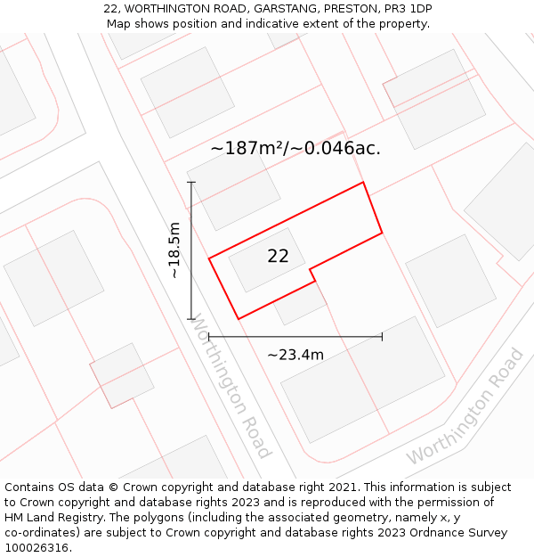 22, WORTHINGTON ROAD, GARSTANG, PRESTON, PR3 1DP: Plot and title map