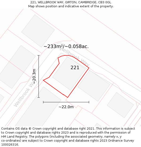 221, WELLBROOK WAY, GIRTON, CAMBRIDGE, CB3 0GL: Plot and title map