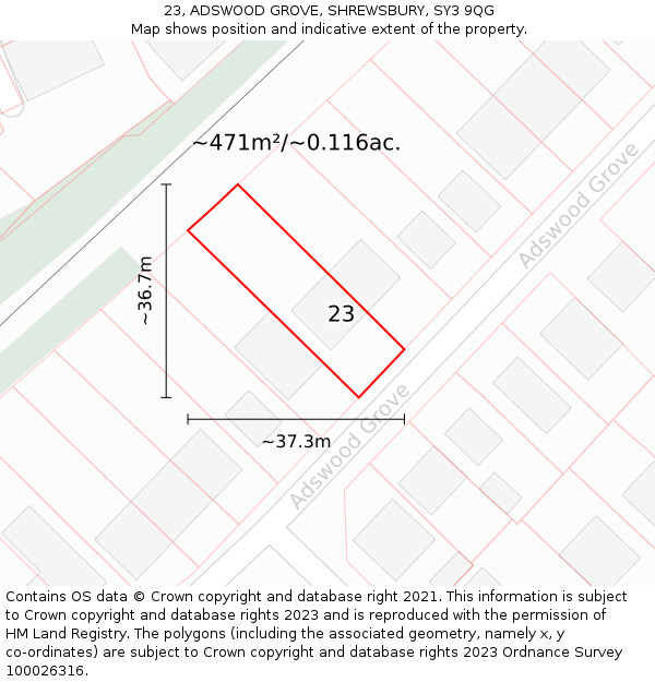23, ADSWOOD GROVE, SHREWSBURY, SY3 9QG: Plot and title map
