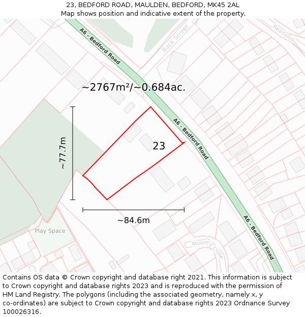 23, BEDFORD ROAD, MAULDEN, BEDFORD, MK45 2AL: Plot and title map