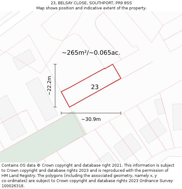 23, BELSAY CLOSE, SOUTHPORT, PR9 8SS: Plot and title map