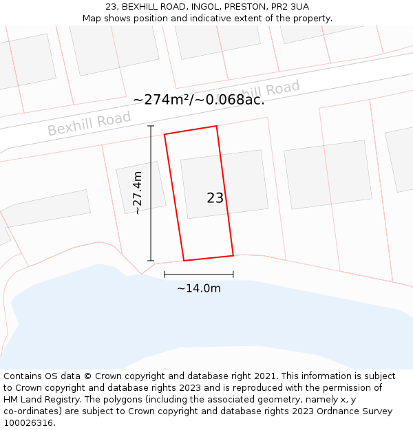 23, BEXHILL ROAD, INGOL, PRESTON, PR2 3UA: Plot and title map