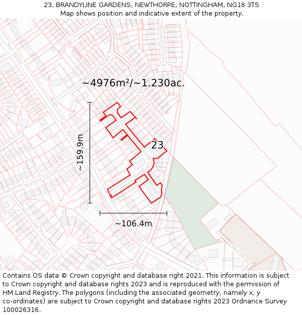 23, BRANDYLINE GARDENS, NEWTHORPE, NOTTINGHAM, NG16 3TS: Plot and title map