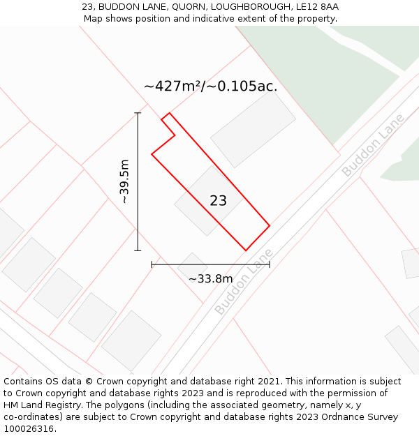 23, BUDDON LANE, QUORN, LOUGHBOROUGH, LE12 8AA: Plot and title map