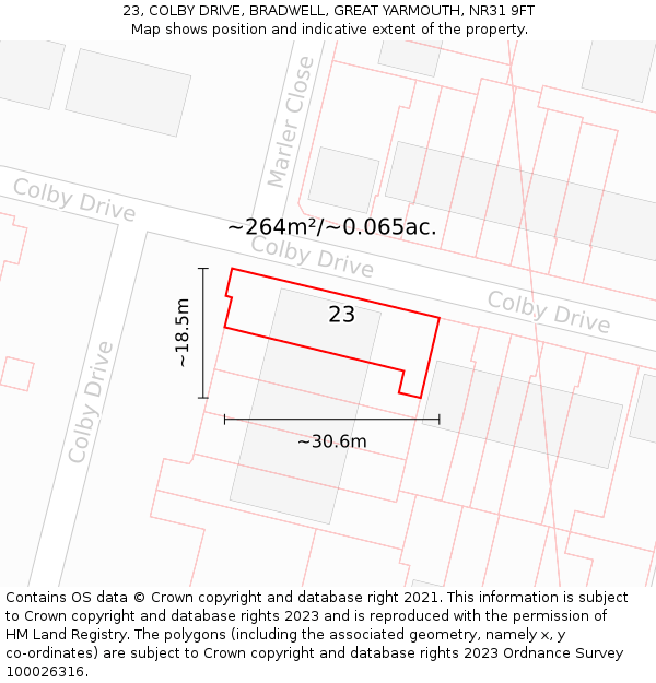 23, COLBY DRIVE, BRADWELL, GREAT YARMOUTH, NR31 9FT: Plot and title map