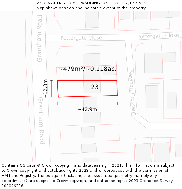 23, GRANTHAM ROAD, WADDINGTON, LINCOLN, LN5 9LS: Plot and title map