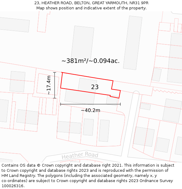 23, HEATHER ROAD, BELTON, GREAT YARMOUTH, NR31 9PR: Plot and title map