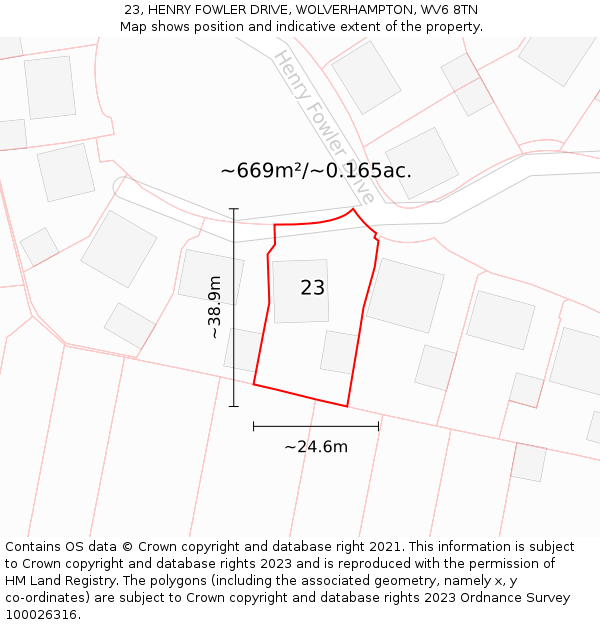 23, HENRY FOWLER DRIVE, WOLVERHAMPTON, WV6 8TN: Plot and title map