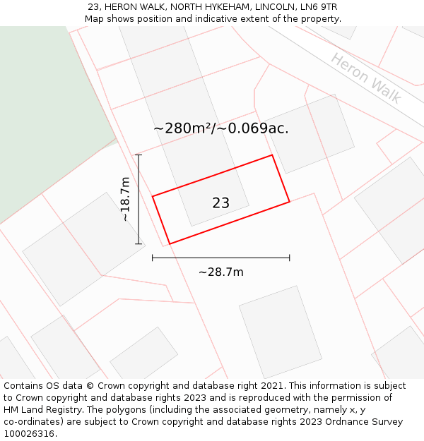 23, HERON WALK, NORTH HYKEHAM, LINCOLN, LN6 9TR: Plot and title map