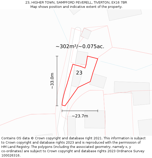 23, HIGHER TOWN, SAMPFORD PEVERELL, TIVERTON, EX16 7BR: Plot and title map