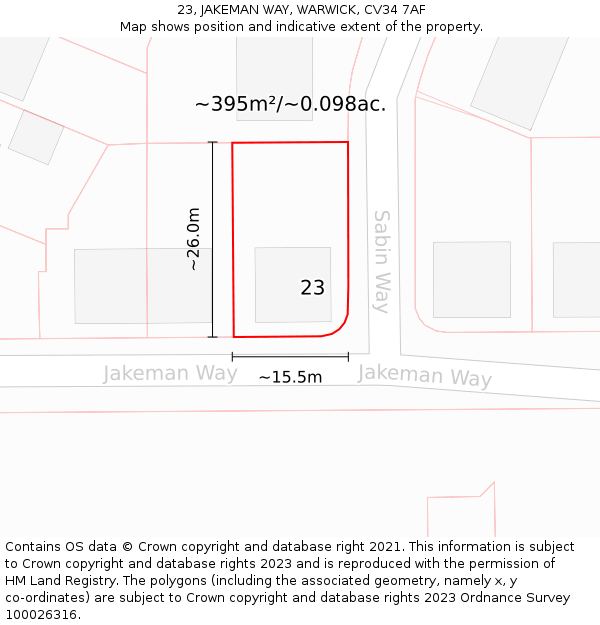 23, JAKEMAN WAY, WARWICK, CV34 7AF: Plot and title map