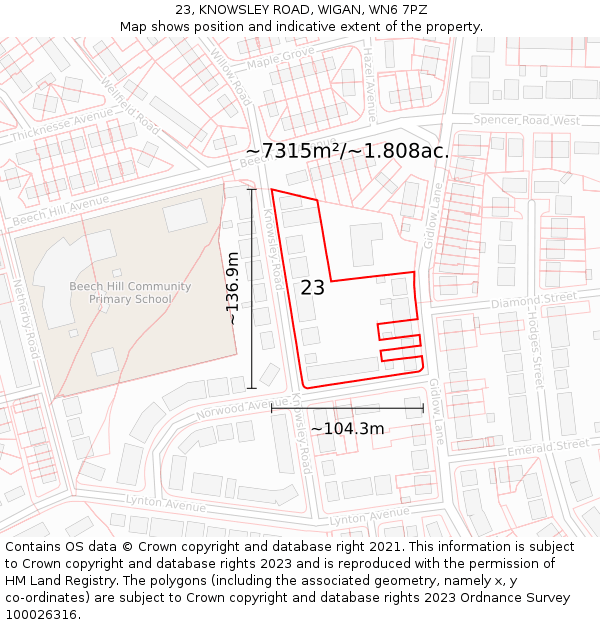 23, KNOWSLEY ROAD, WIGAN, WN6 7PZ: Plot and title map