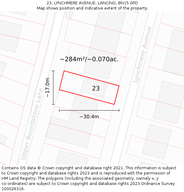 23, LYNCHMERE AVENUE, LANCING, BN15 0PD: Plot and title map