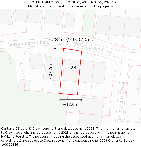 23, NOTTINGHAM CLOSE, WOOLSTON, WARRINGTON, WA1 4QY: Plot and title map