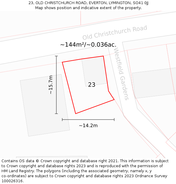 23, OLD CHRISTCHURCH ROAD, EVERTON, LYMINGTON, SO41 0JJ: Plot and title map