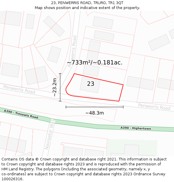 23, PENWERRIS ROAD, TRURO, TR1 3QT: Plot and title map