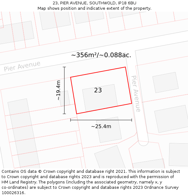 23, PIER AVENUE, SOUTHWOLD, IP18 6BU: Plot and title map