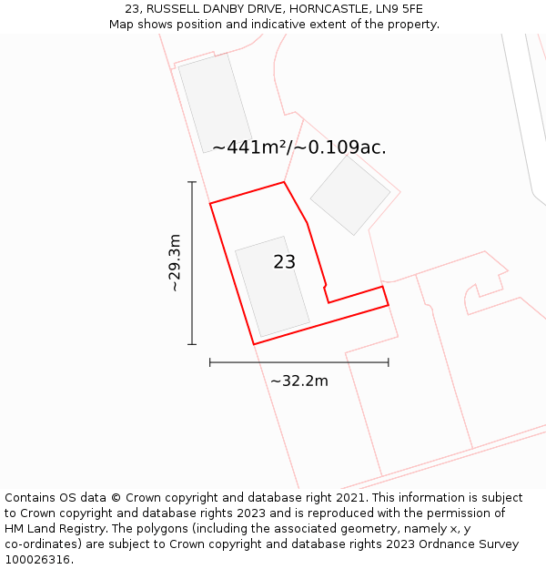 23, RUSSELL DANBY DRIVE, HORNCASTLE, LN9 5FE: Plot and title map