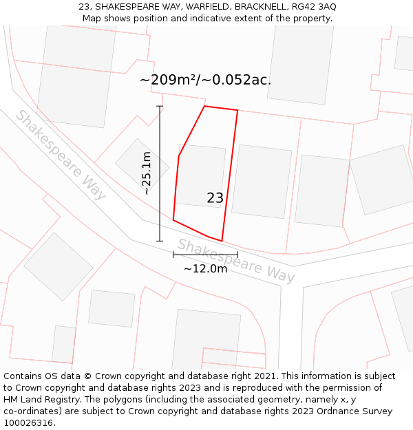 23, SHAKESPEARE WAY, WARFIELD, BRACKNELL, RG42 3AQ: Plot and title map