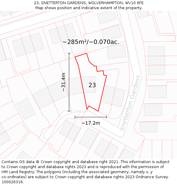 23, SNETTERTON GARDENS, WOLVERHAMPTON, WV10 6FE: Plot and title map