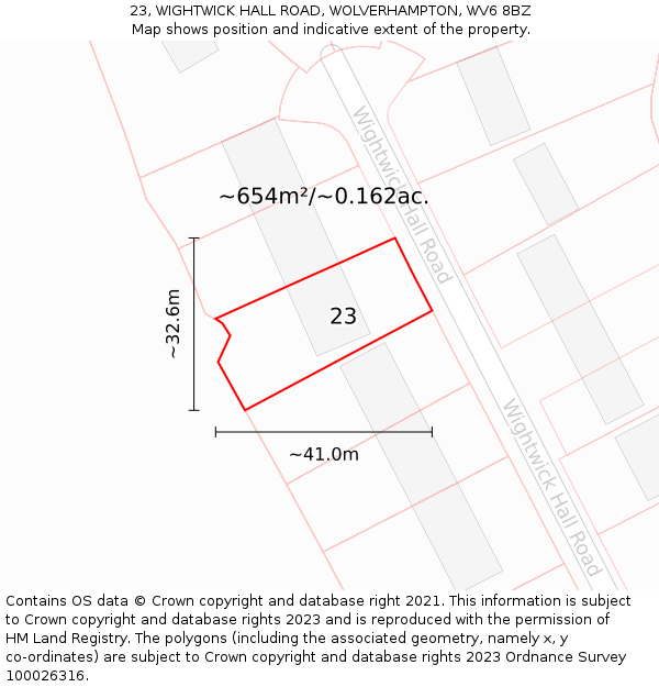 23, WIGHTWICK HALL ROAD, WOLVERHAMPTON, WV6 8BZ: Plot and title map