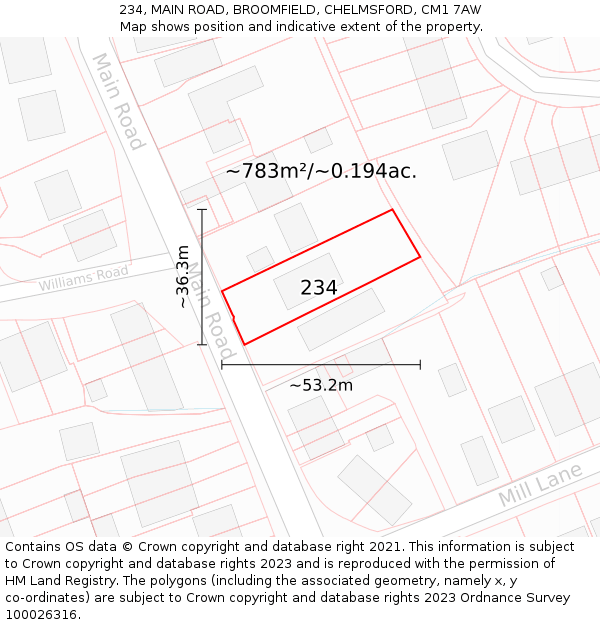 234, MAIN ROAD, BROOMFIELD, CHELMSFORD, CM1 7AW: Plot and title map