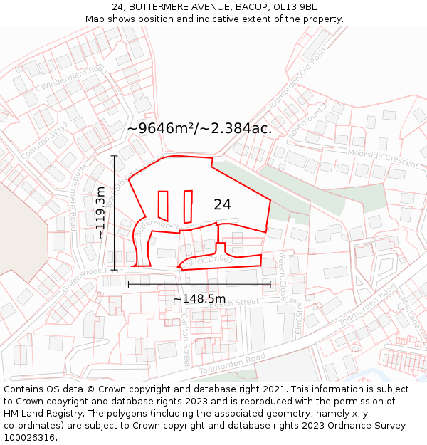 24, BUTTERMERE AVENUE, BACUP, OL13 9BL: Plot and title map