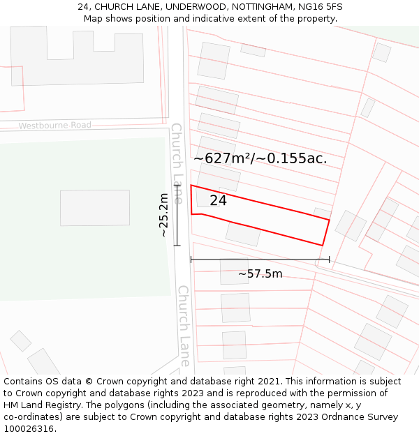 24, CHURCH LANE, UNDERWOOD, NOTTINGHAM, NG16 5FS: Plot and title map