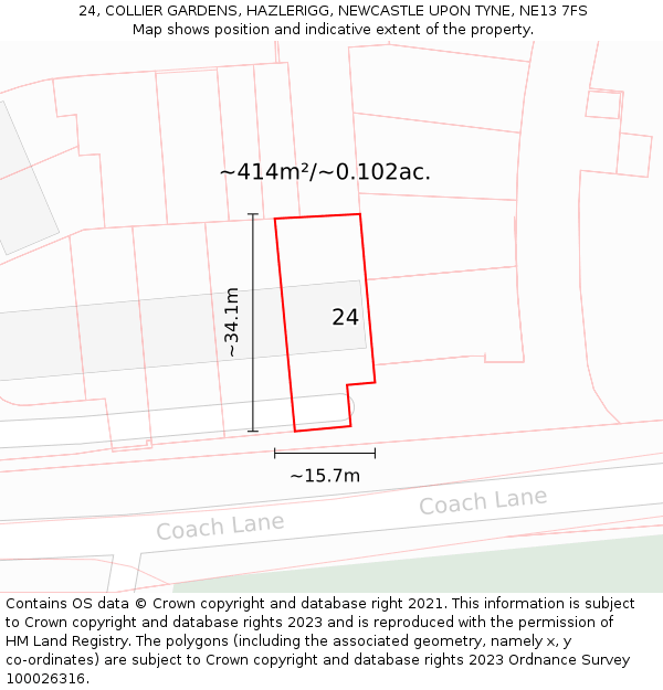 24, COLLIER GARDENS, HAZLERIGG, NEWCASTLE UPON TYNE, NE13 7FS: Plot and title map