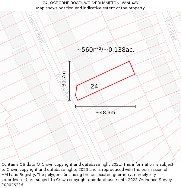 24, OSBORNE ROAD, WOLVERHAMPTON, WV4 4AY: Plot and title map