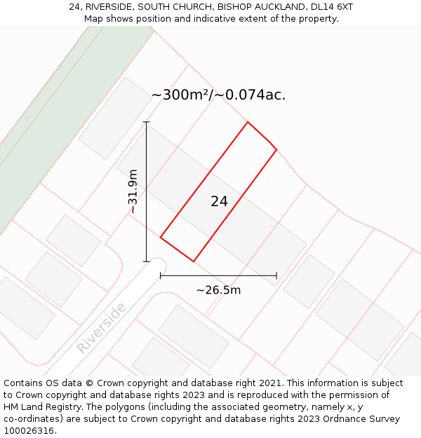 24, RIVERSIDE, SOUTH CHURCH, BISHOP AUCKLAND, DL14 6XT: Plot and title map