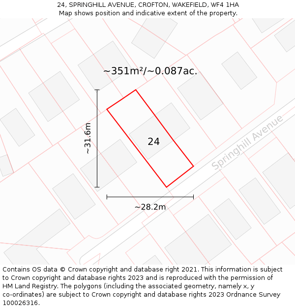 24, SPRINGHILL AVENUE, CROFTON, WAKEFIELD, WF4 1HA: Plot and title map