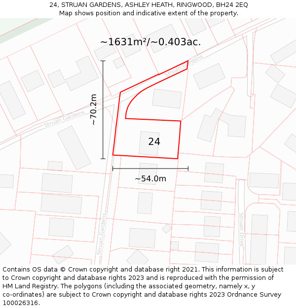 24, STRUAN GARDENS, ASHLEY HEATH, RINGWOOD, BH24 2EQ: Plot and title map