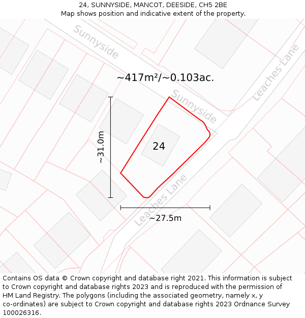 24, SUNNYSIDE, MANCOT, DEESIDE, CH5 2BE: Plot and title map