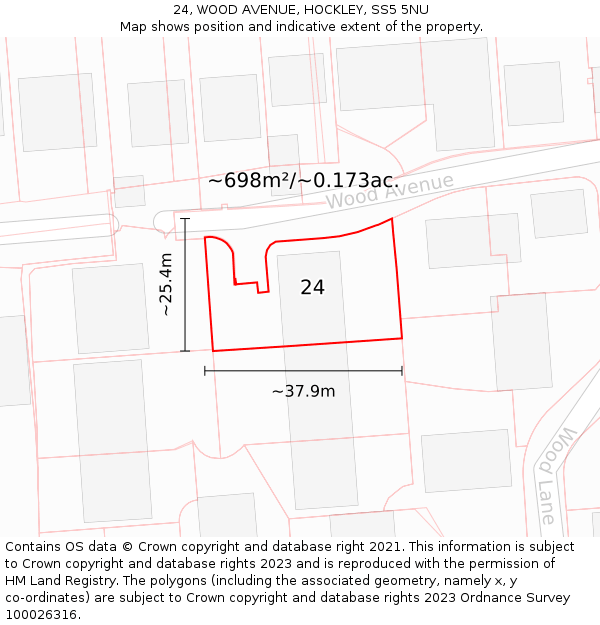 24, WOOD AVENUE, HOCKLEY, SS5 5NU: Plot and title map