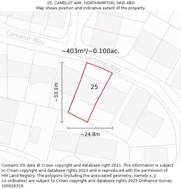 25, CAMELOT WAY, NORTHAMPTON, NN5 4BG: Plot and title map