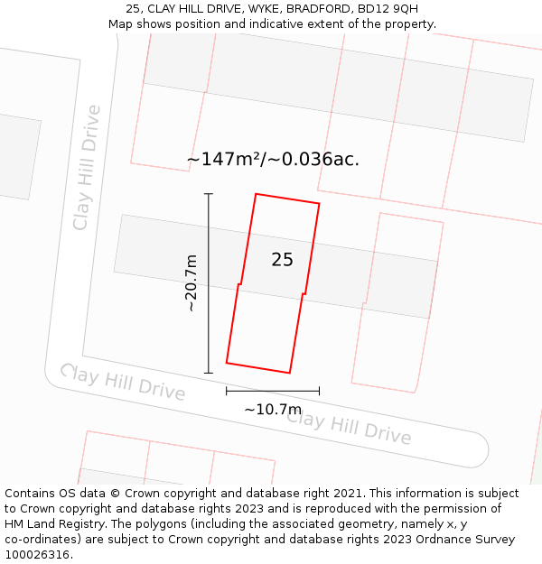 25, CLAY HILL DRIVE, WYKE, BRADFORD, BD12 9QH: Plot and title map