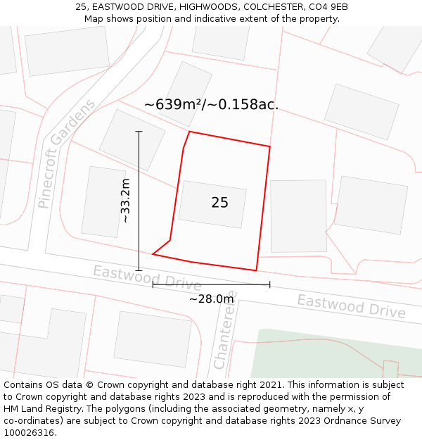 25, EASTWOOD DRIVE, HIGHWOODS, COLCHESTER, CO4 9EB: Plot and title map