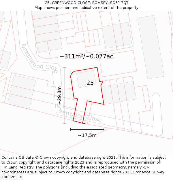 25, GREENWOOD CLOSE, ROMSEY, SO51 7QT: Plot and title map