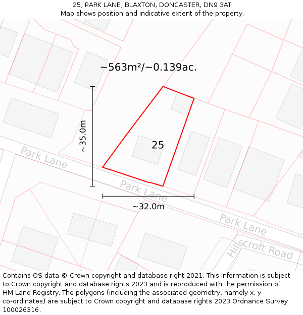 25, PARK LANE, BLAXTON, DONCASTER, DN9 3AT: Plot and title map