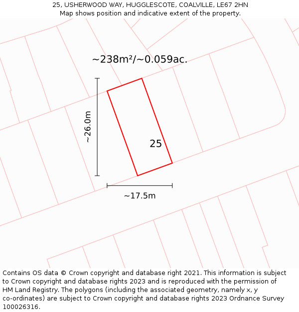 25, USHERWOOD WAY, HUGGLESCOTE, COALVILLE, LE67 2HN: Plot and title map