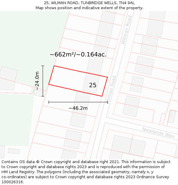 25, WILMAN ROAD, TUNBRIDGE WELLS, TN4 9AL: Plot and title map